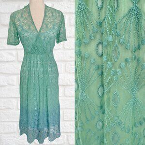 Anthropologie Vanessa & Virginia Size 0 Lace Short Sleeve Midi Dress Teal V-Neck